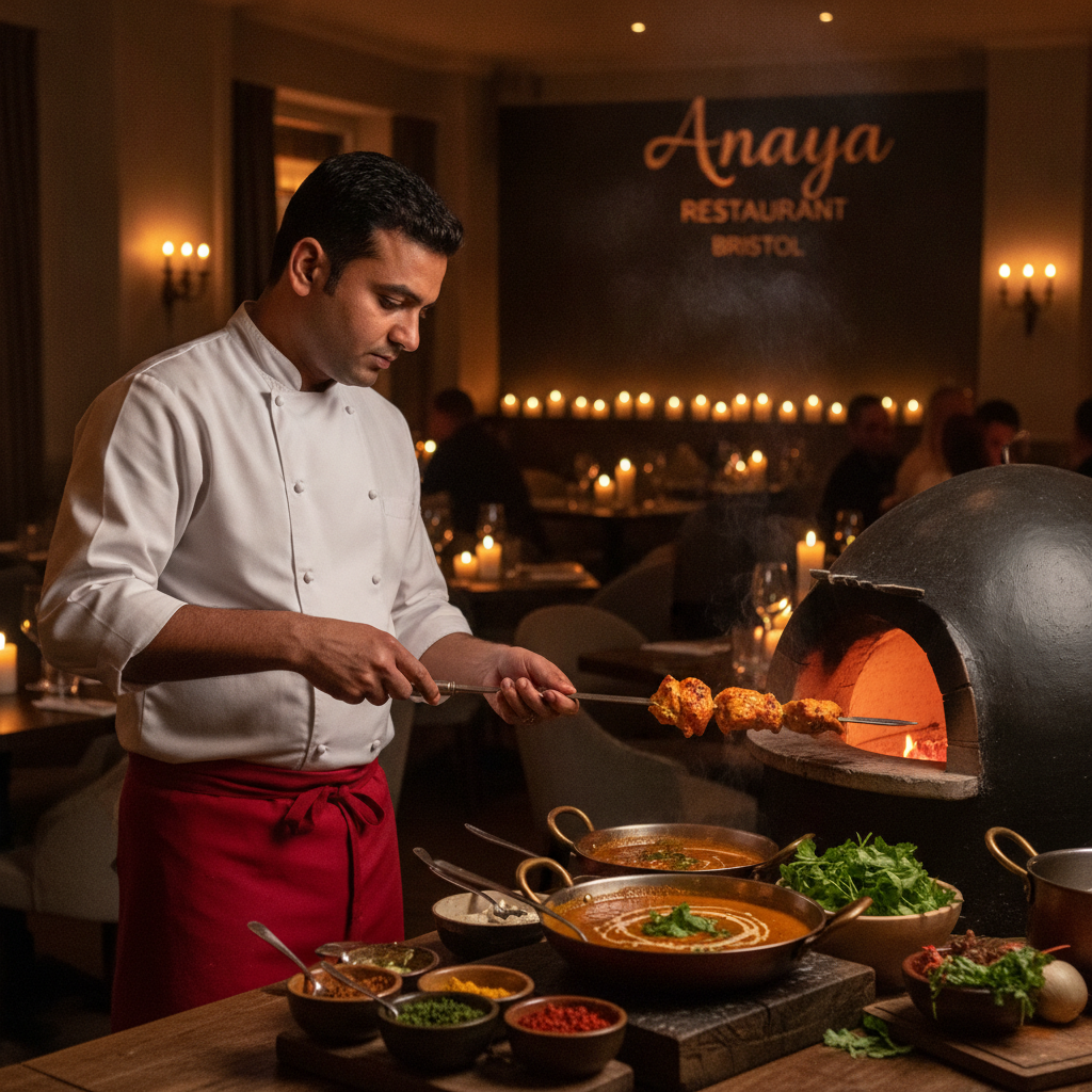 Master tandoor chef preparing authentic Indian curry in the warm, candlelit dining room of Anaya Restaurant Bristol