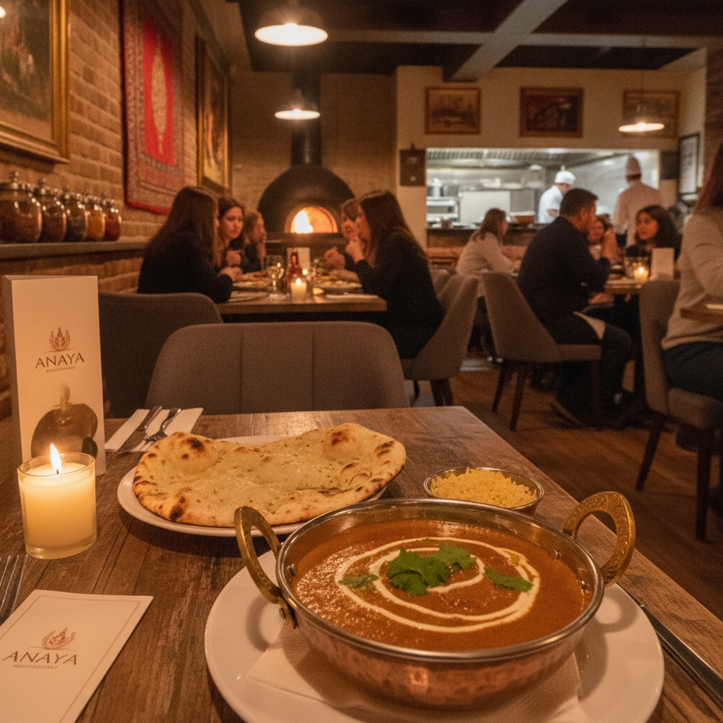 Anaya's signature butter chicken curry served with basmati saffron rice and fresh garlic naan on dark slate plating