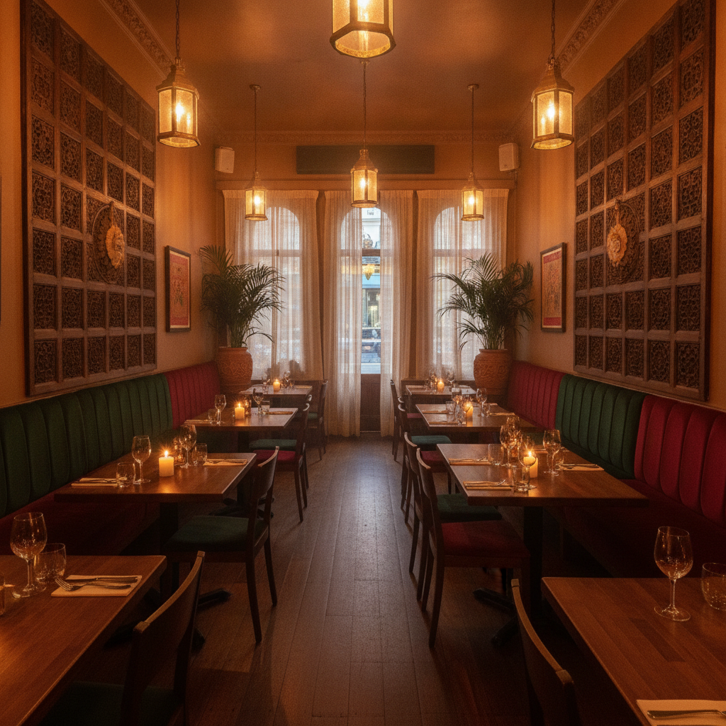 Anaya Restaurant dining room interior with candlelit tables, warm ambient lighting and traditional Indian carved wooden accents