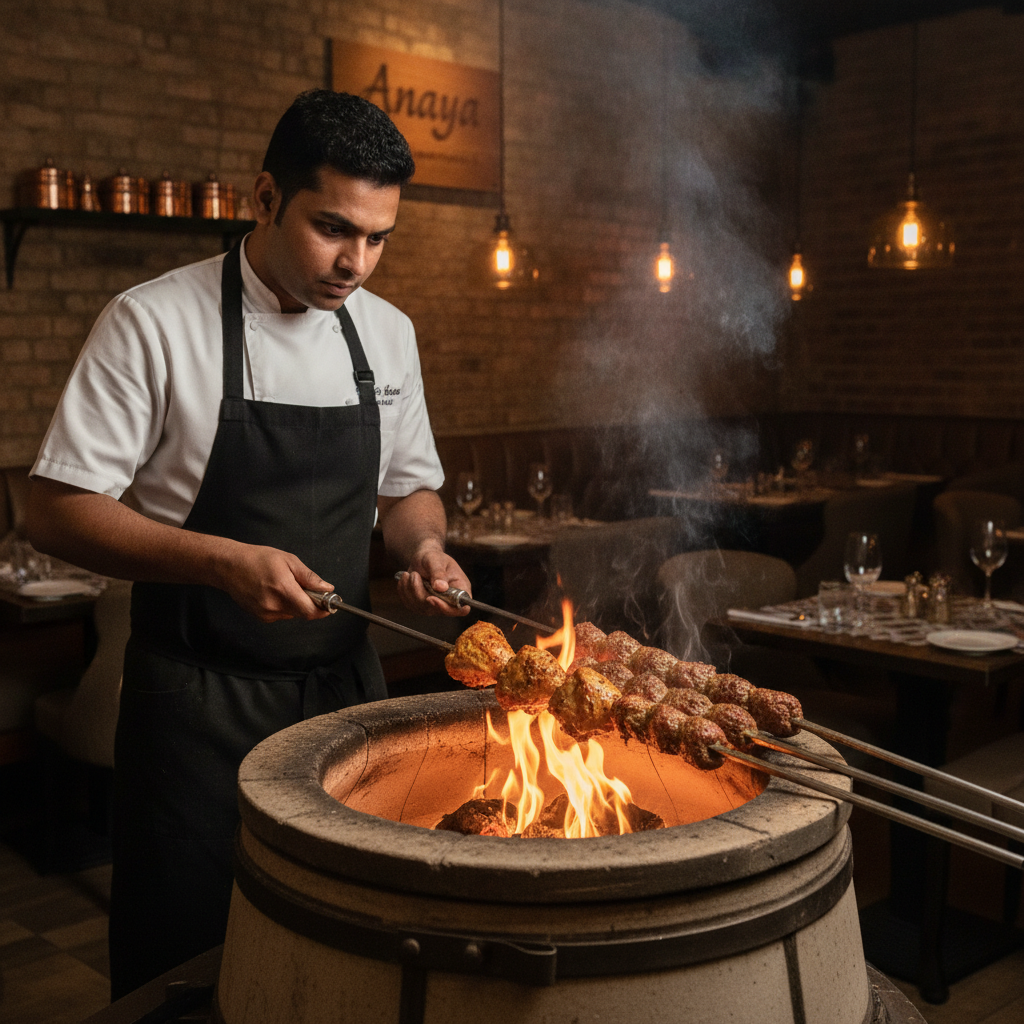 Chef cooking marinated tandoori chicken and seekh kebabs over flaming traditional clay tandoor oven at Anaya Restaurant Bristol