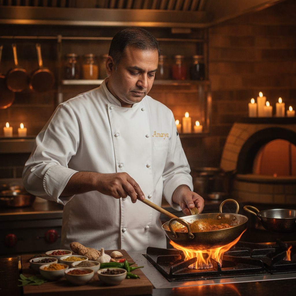 Master chef at Anaya Restaurant Bristol hand-crafting traditional Indian curry over open flame in candlelit kitchen