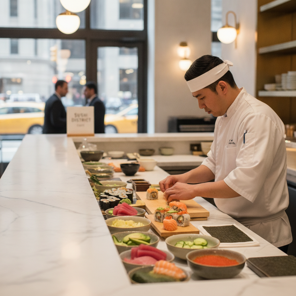 Master sushi chef preparing premium kosher sushi on white marble in luxury setting
