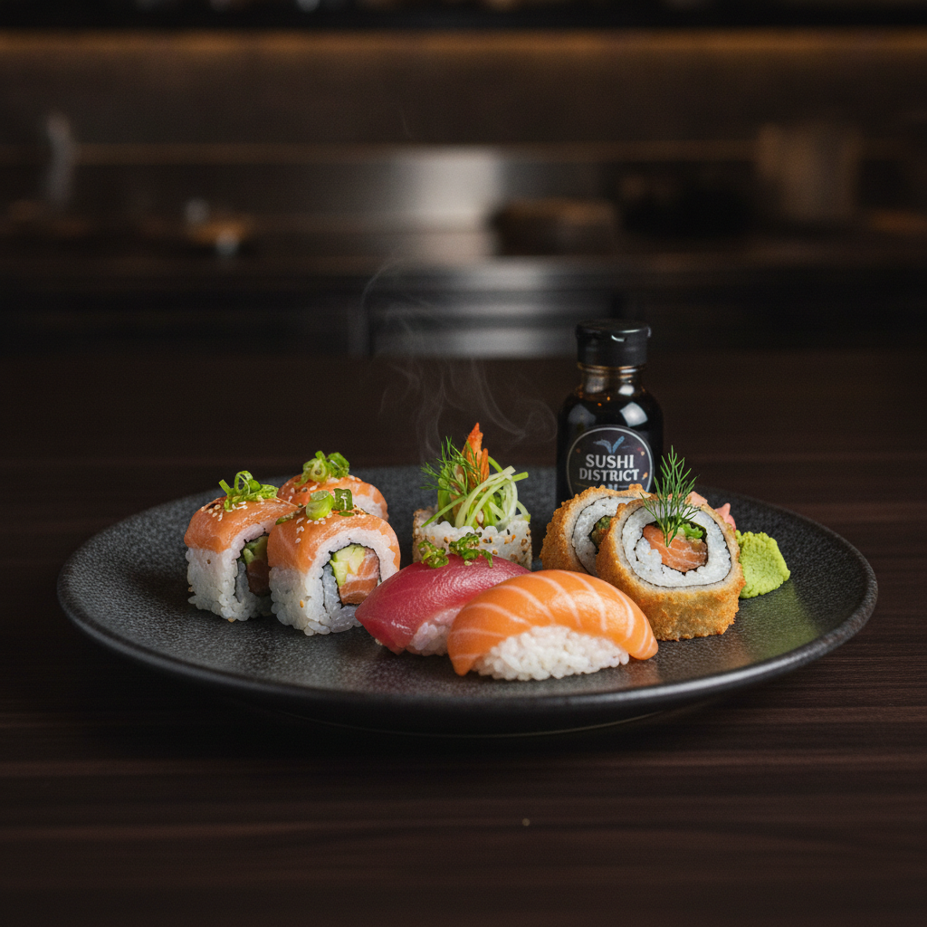 Exquisite kosher sushi presentation on a dark ceramic plate showcasing culinary artistry