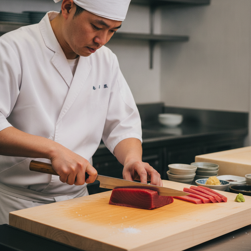 Master sushi chef in white attire demonstrating precise knife work on fresh tuna at wooden cutting board