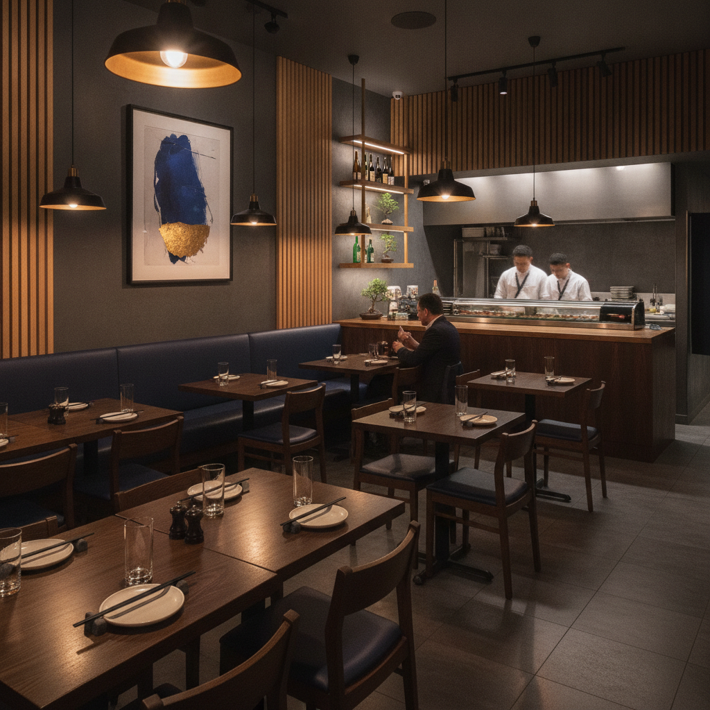 Intimate cafe dining interior with warm pendant lighting, dark wood tables, and minimalist Japanese design elements