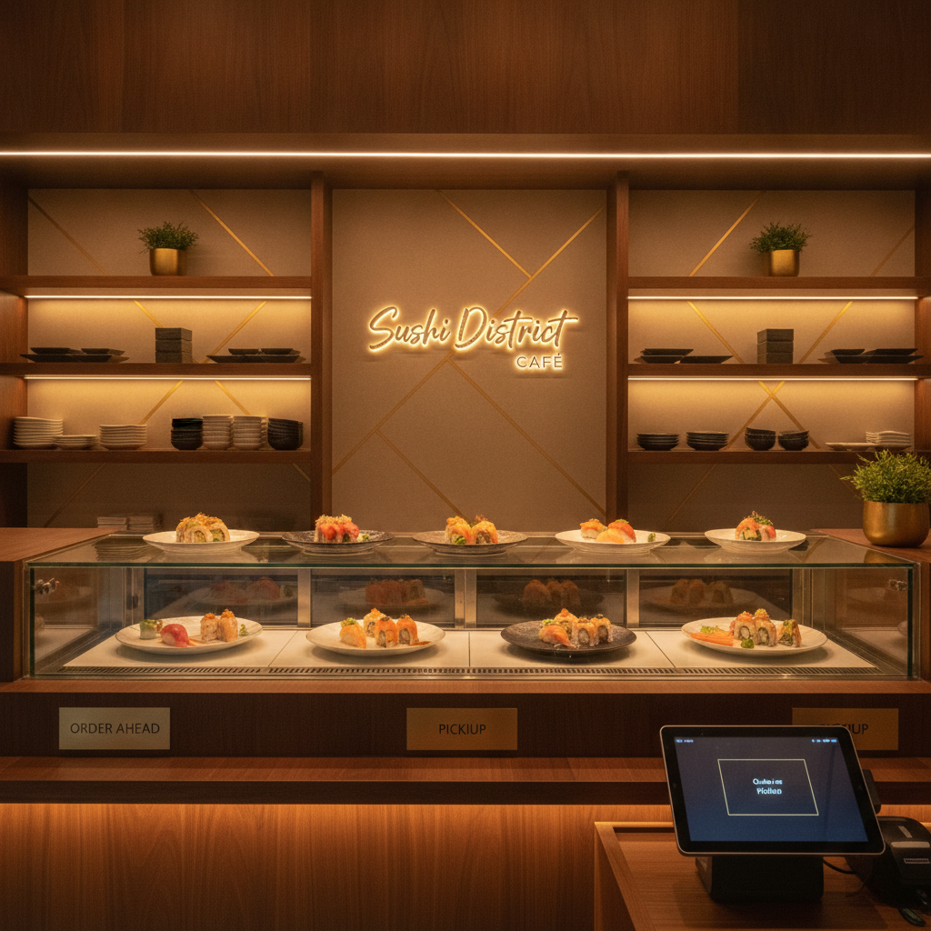 Sophisticated takeout counter of Sushi District Cafe with elegant ambient lighting and gold accents