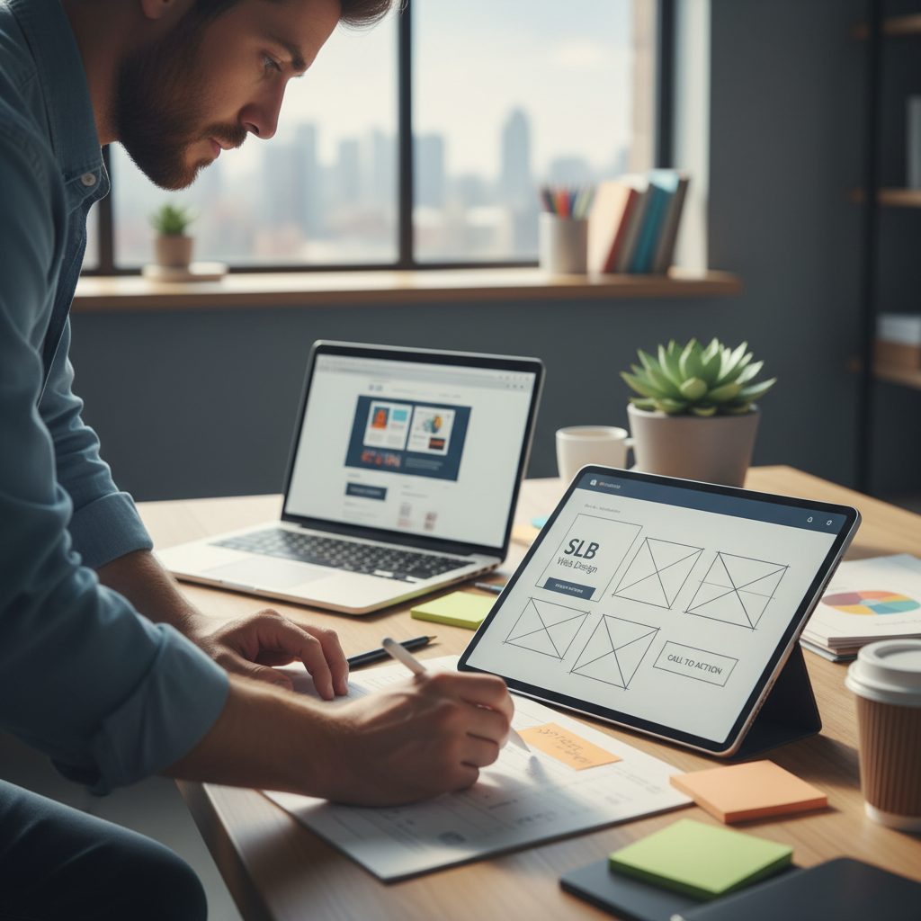Web designer sketching user interface wireframes on a digital tablet