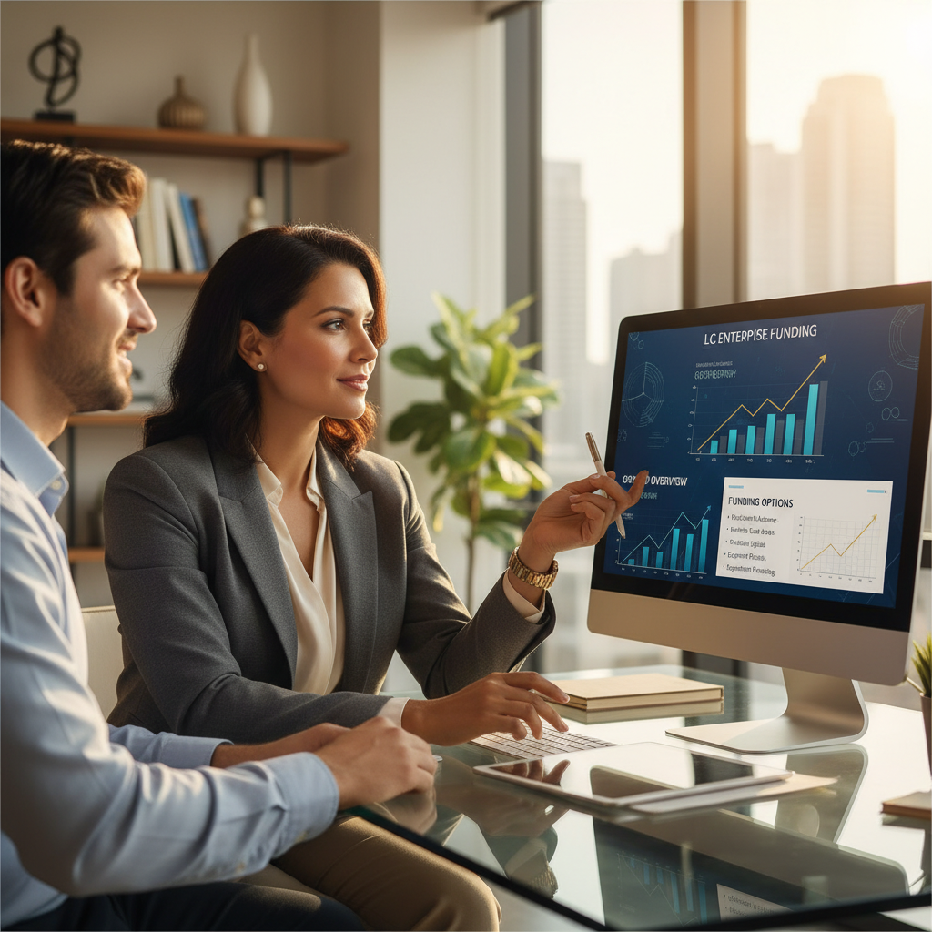 Confident business owner in modern office reviewing financial growth and funding options