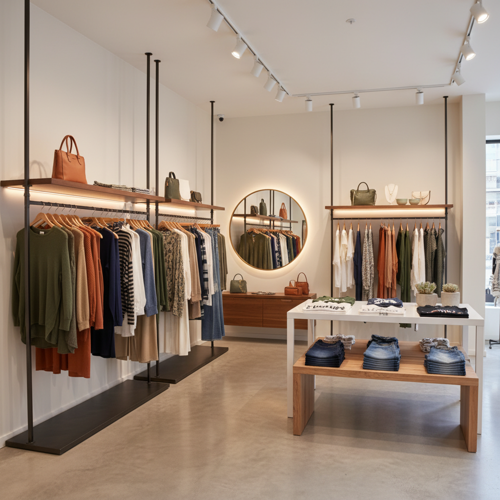 Interior of a trendy boutique retail store with clothing racks and displays