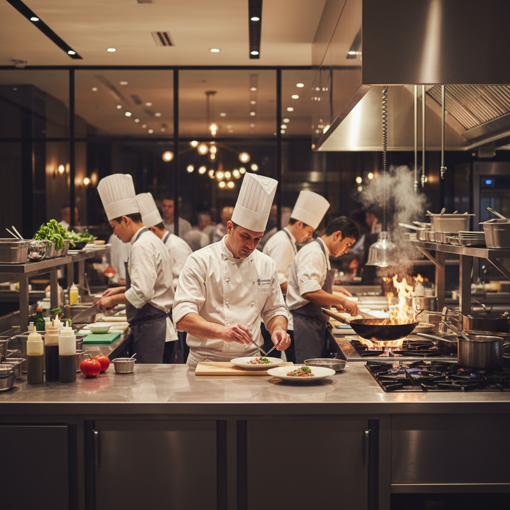 Chef and kitchen staff working during a busy service in a modern restaurant