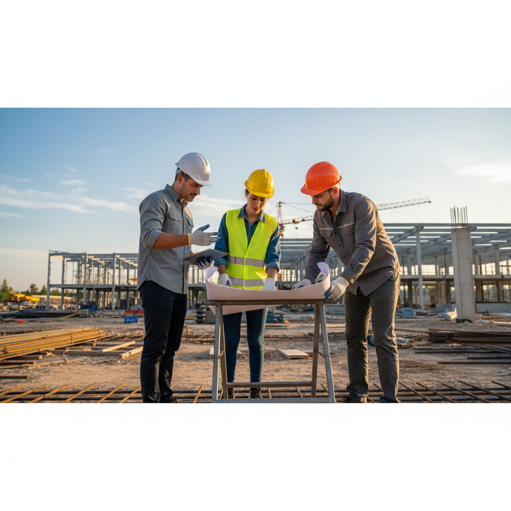 Construction workers in hard hats collaborating on a building site with blueprints