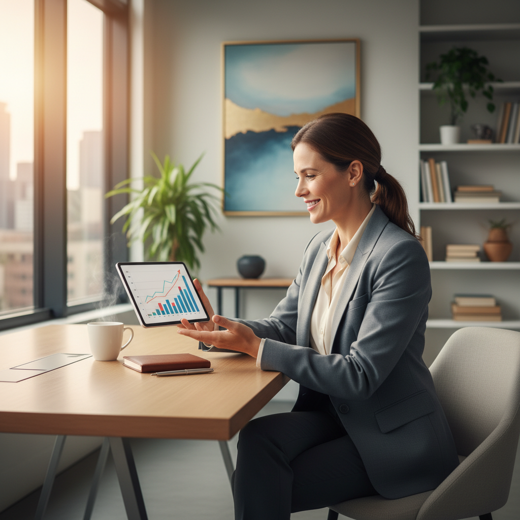 Modern business owner confidently reviewing financial growth on a tablet in a stylish office
