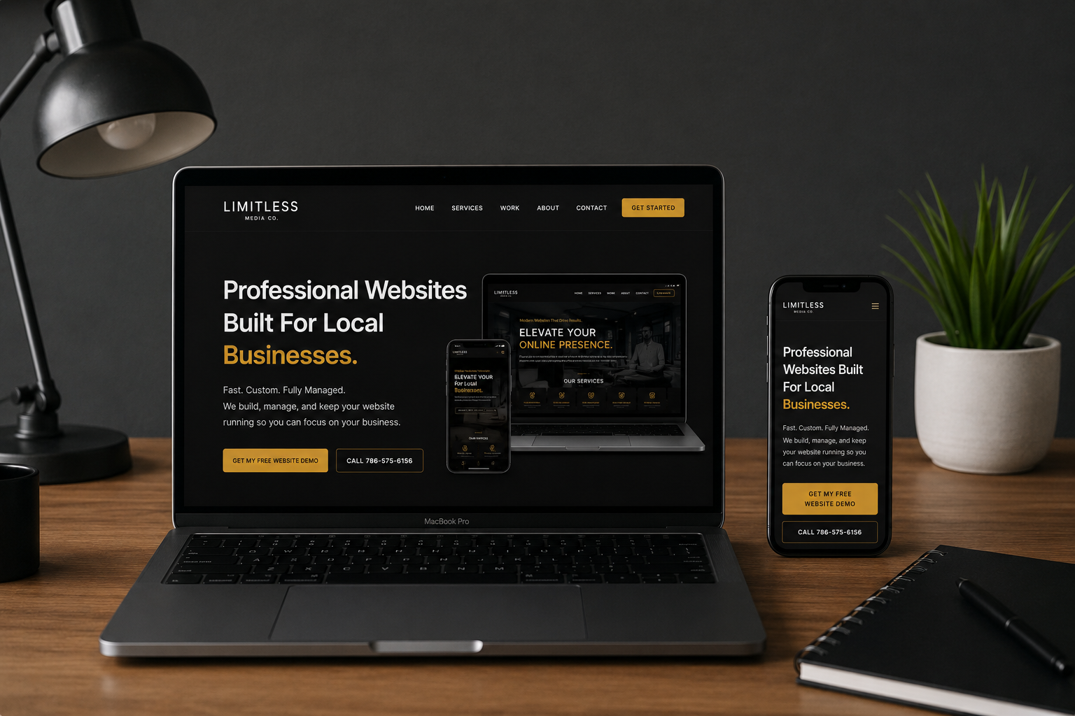 Modern laptop and smartphone displaying a premium luxury local business website with gold accents on a sleek black desk