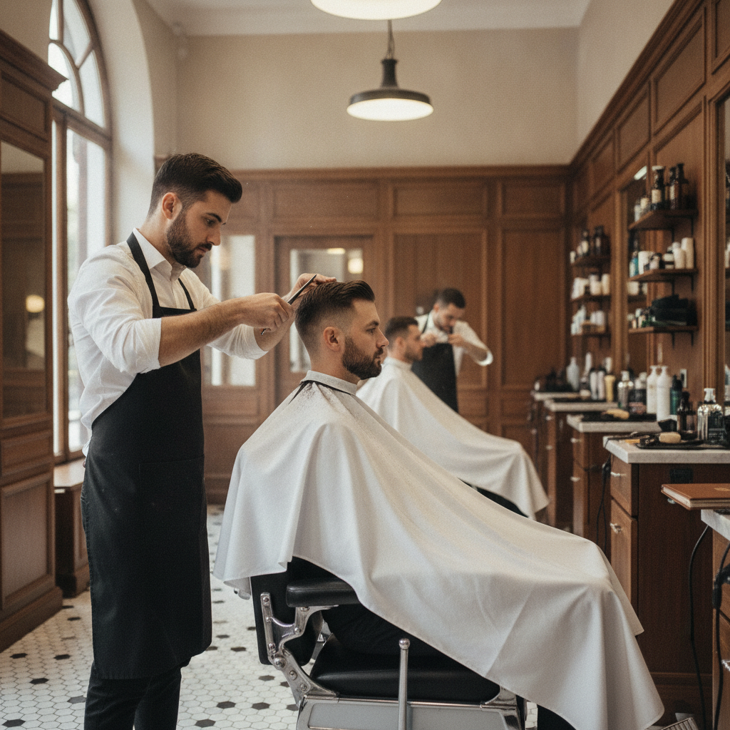 Classic mens haircut with scissors in premium barbershop