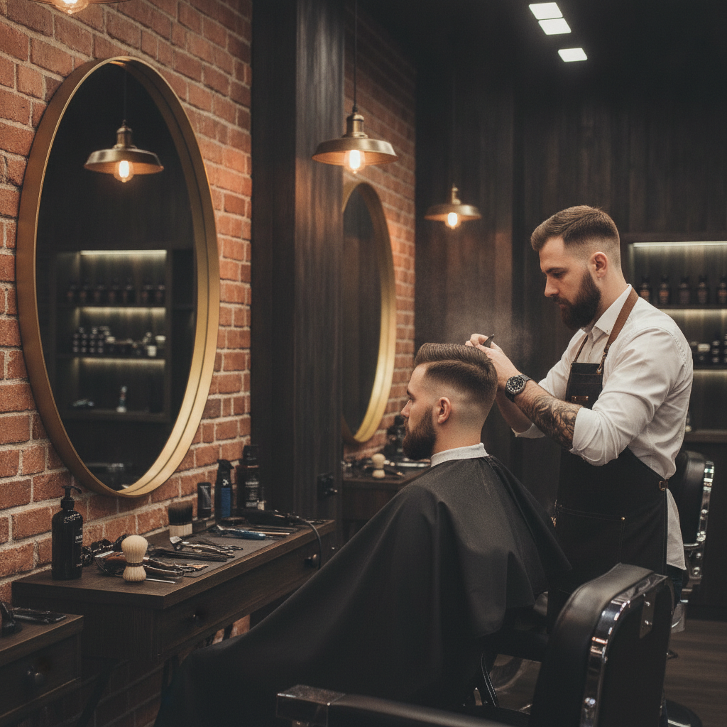 Professional barber giving a fade haircut in premium dark barbershop