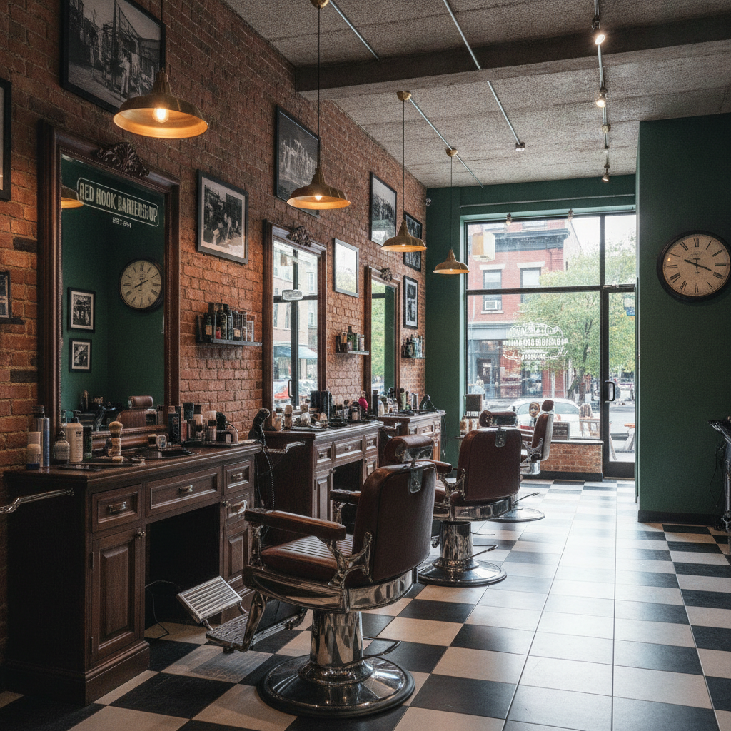 The stylish and modern interior of Red Hook Barbershop with leather chairs and classic decor
