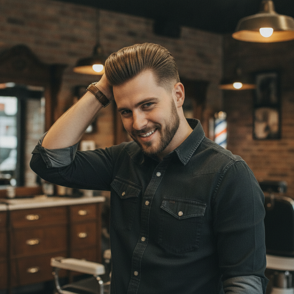 Client showing off a freshly styled classic pompadour hairstyle with high shine pomade