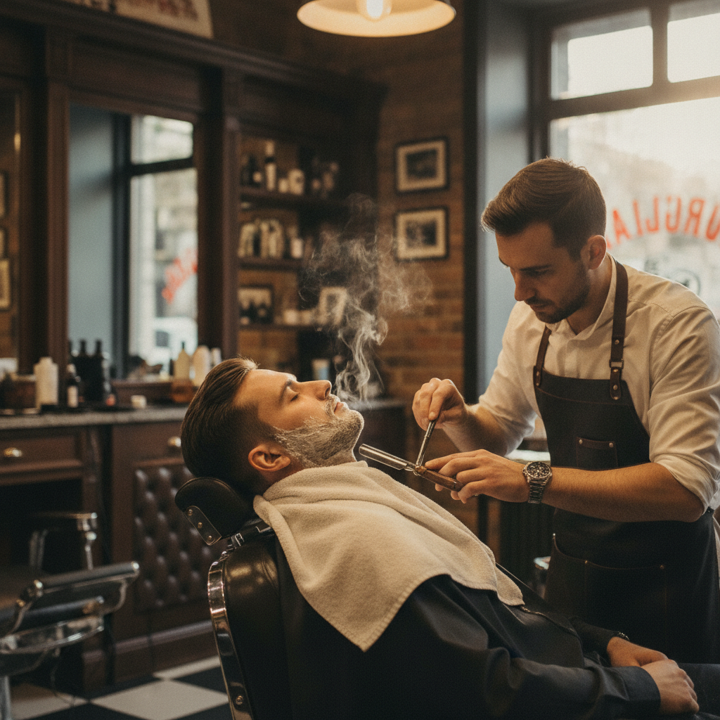 Traditional hot towel straight razor shave being performed by a skilled barber