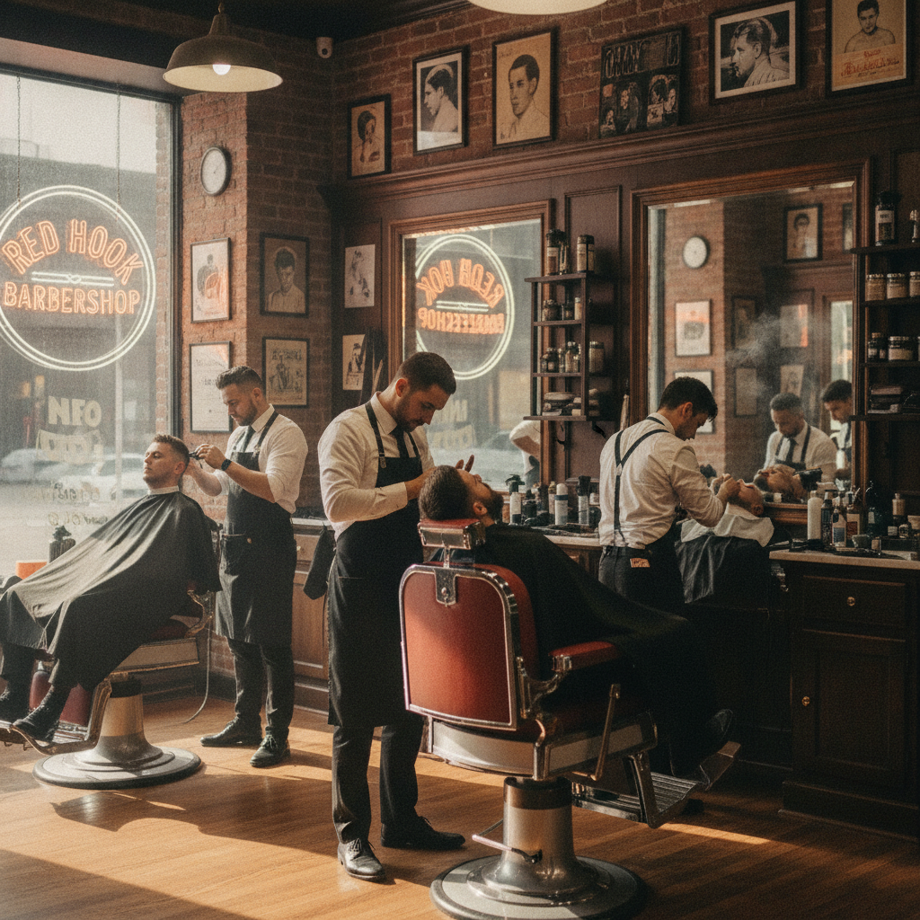 View of the authentic and classic barbershop atmosphere with barbers at work