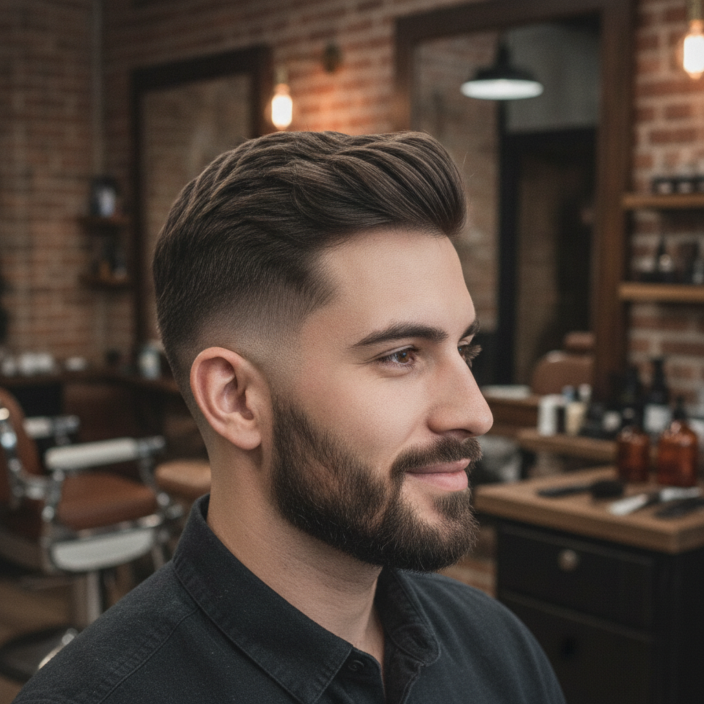 A close-up of a client with a perfectly executed sharp skin fade haircut