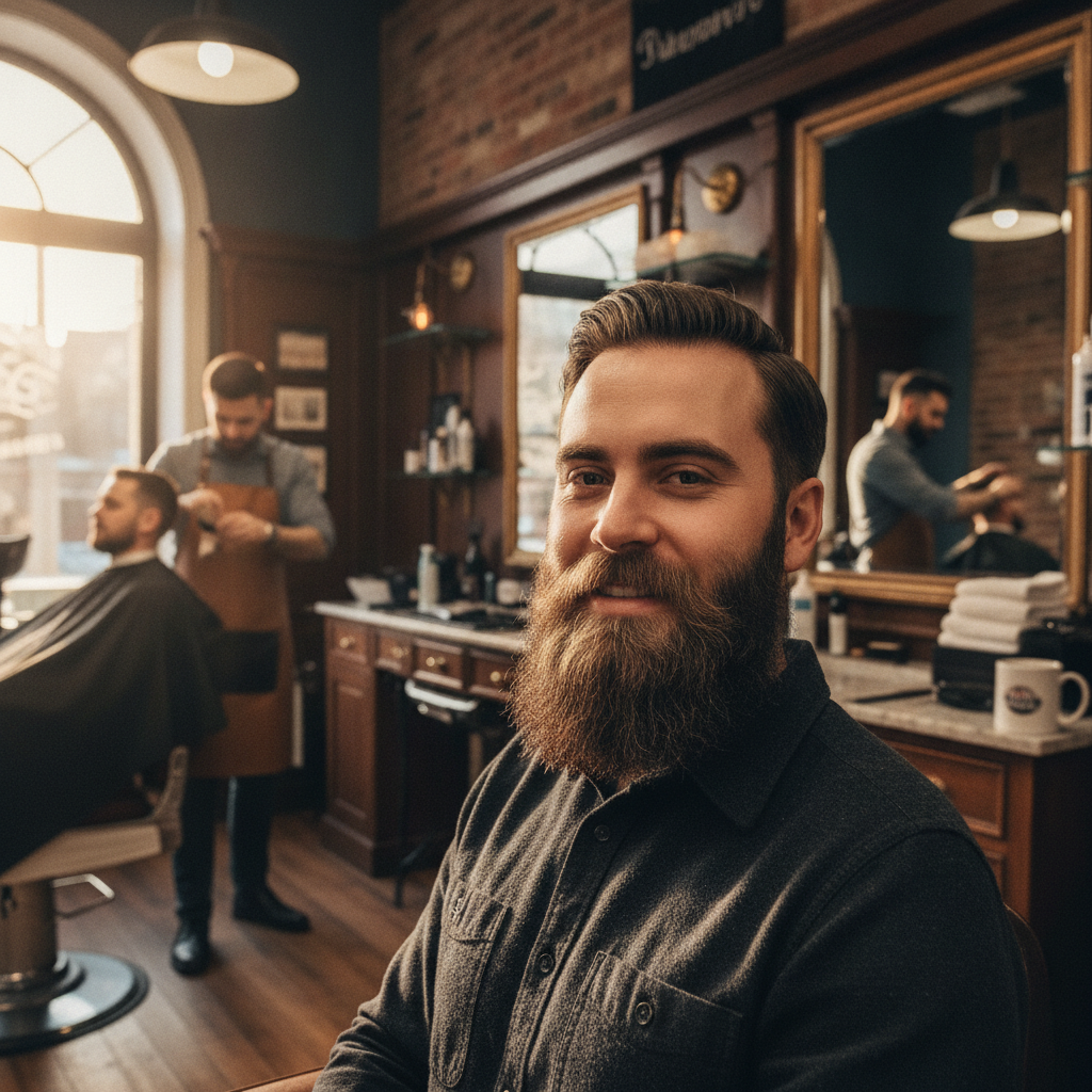 A man with a perfectly sculpted and trimmed beard after a session at the barbershop