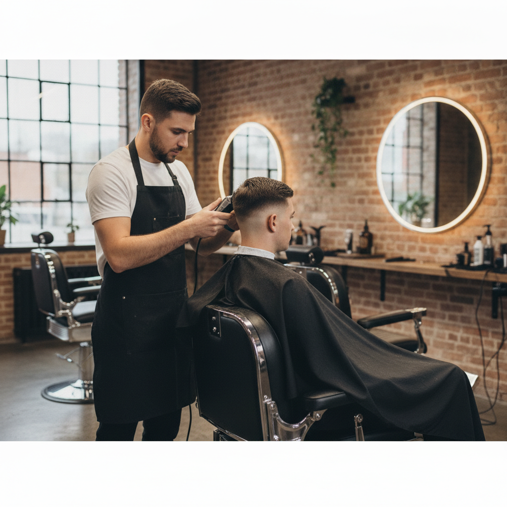 Professional barber giving a precision fade haircut in modern barbershop