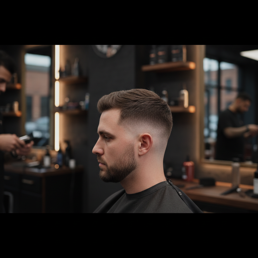 Sharp skin fade haircut with precise side profile line up