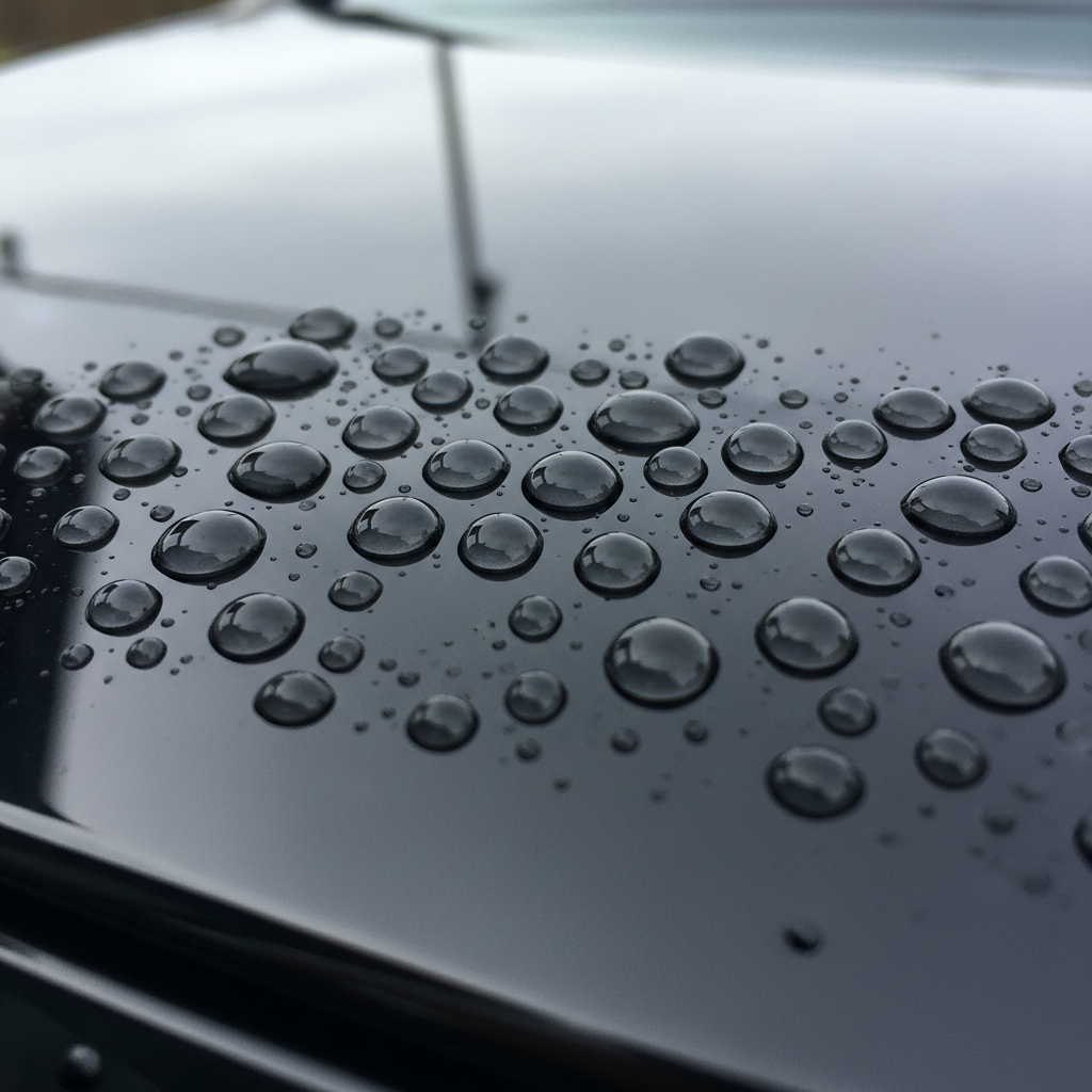 Extreme close-up of perfect water beading on a glossy, ceramic-coated black car hood