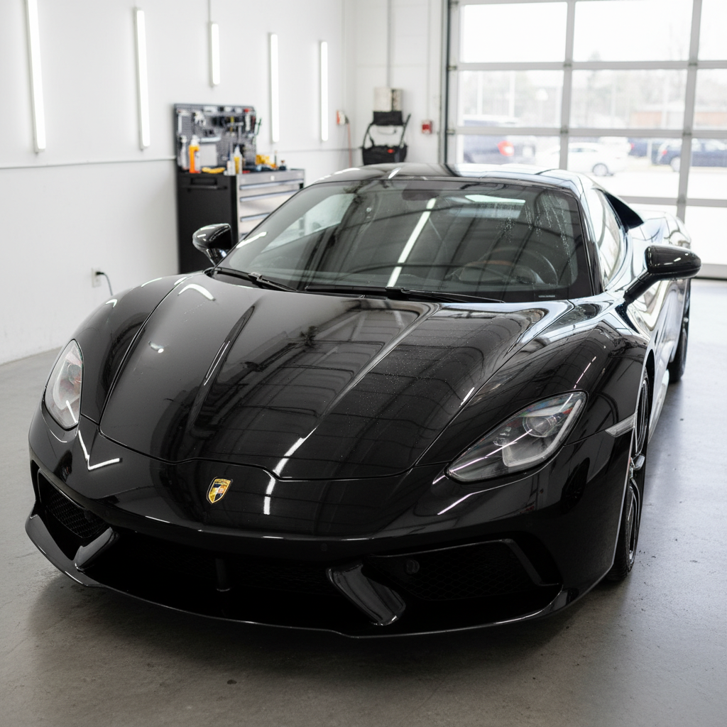 Glossy black sports car with perfect paint reflection after detailing