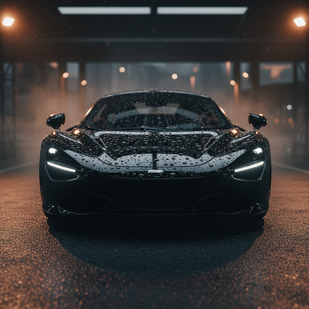 Dramatic cinematic shot of a freshly polished luxury sports car and semi-truck showcasing extreme gloss and ceramic coating water beading