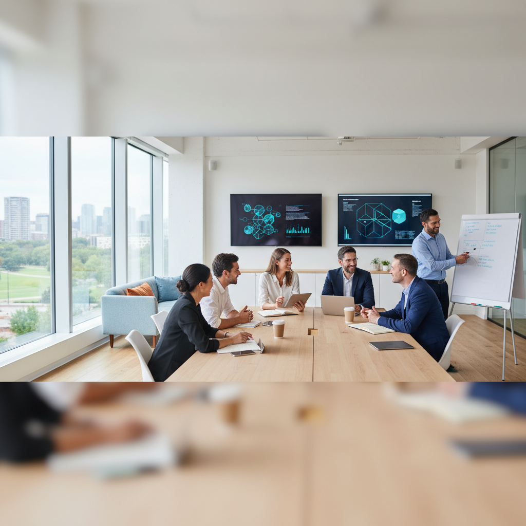 A friendly team collaborating in a bright, modern office