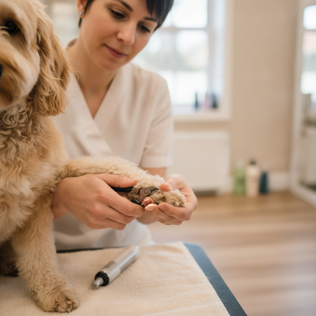 Gentle dog paw nail trimming by professional groomer close up shot