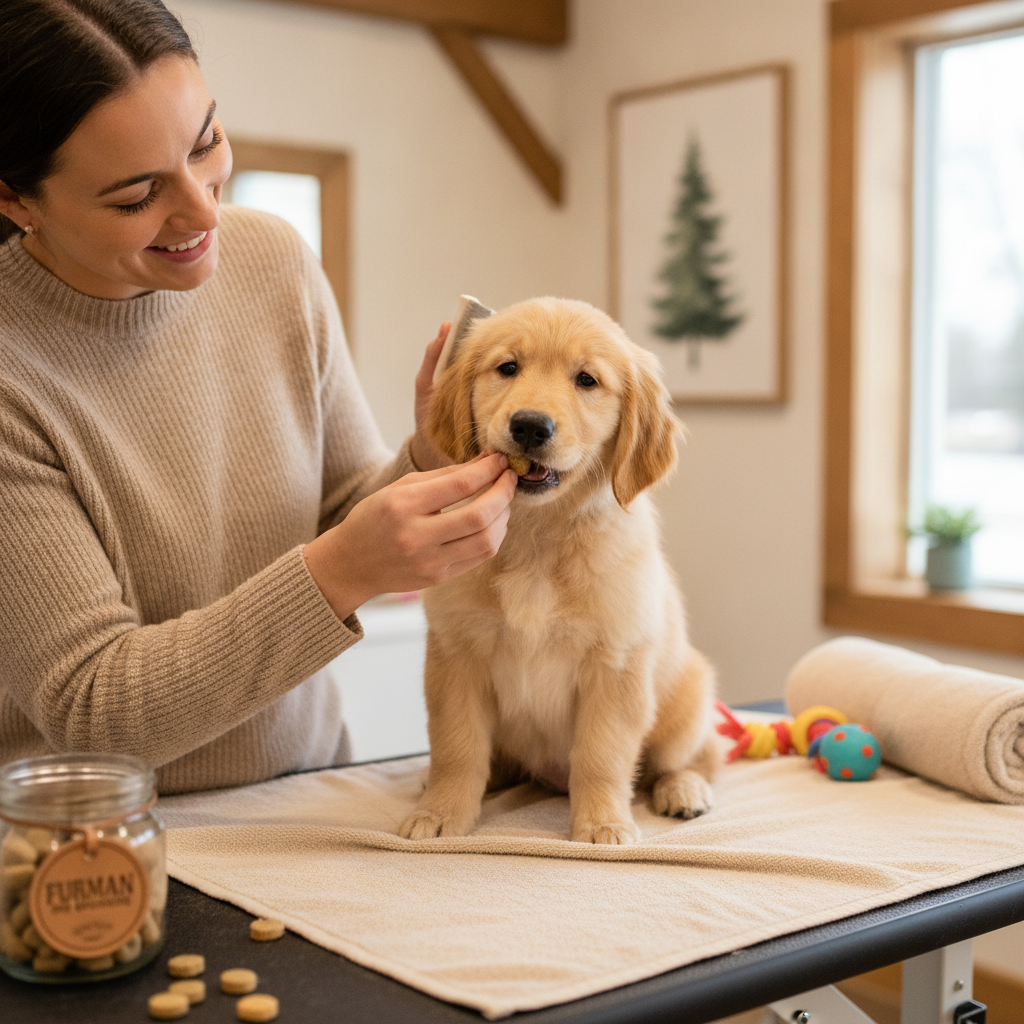 Tiny adorable puppy having first gentle grooming session with treats and cuddles from groomer