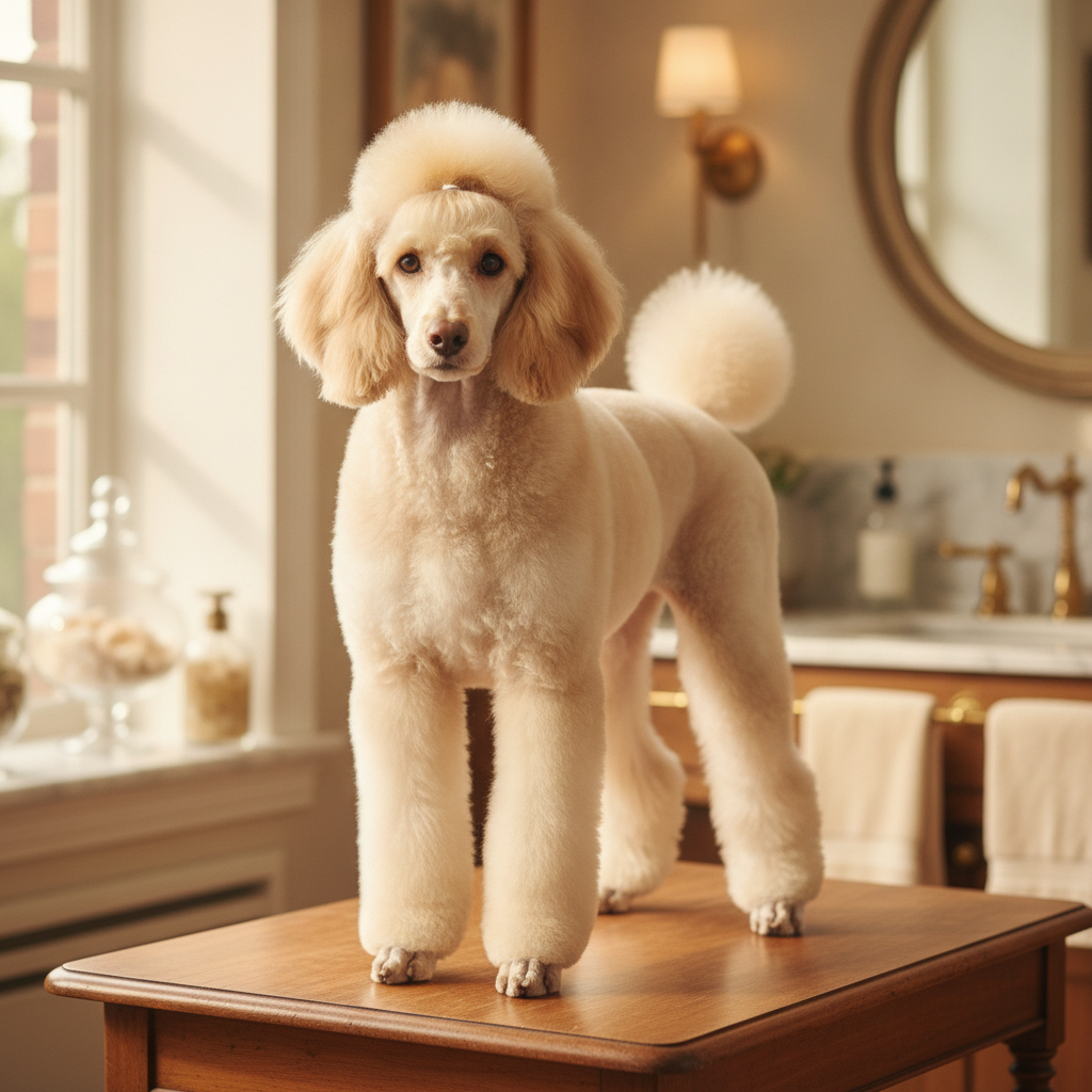 Perfectly styled poodle with specialty breed standard haircut in elegant grooming salon