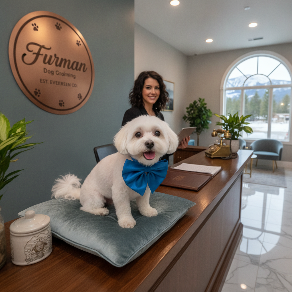 Happy freshly groomed small dog with bow tie sitting at luxury pet salon reception desk