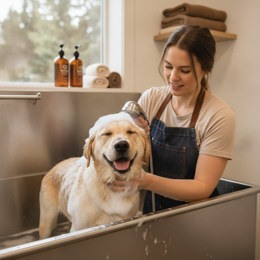 Happy wet labrador puppy enjoying bubble bath with professional dog groomer
