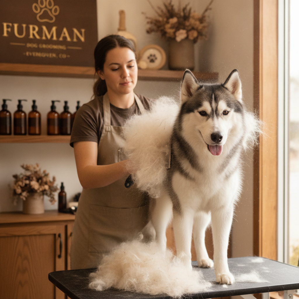 Husky dog receiving de-shedding brush treatment with undercoat fur being removed