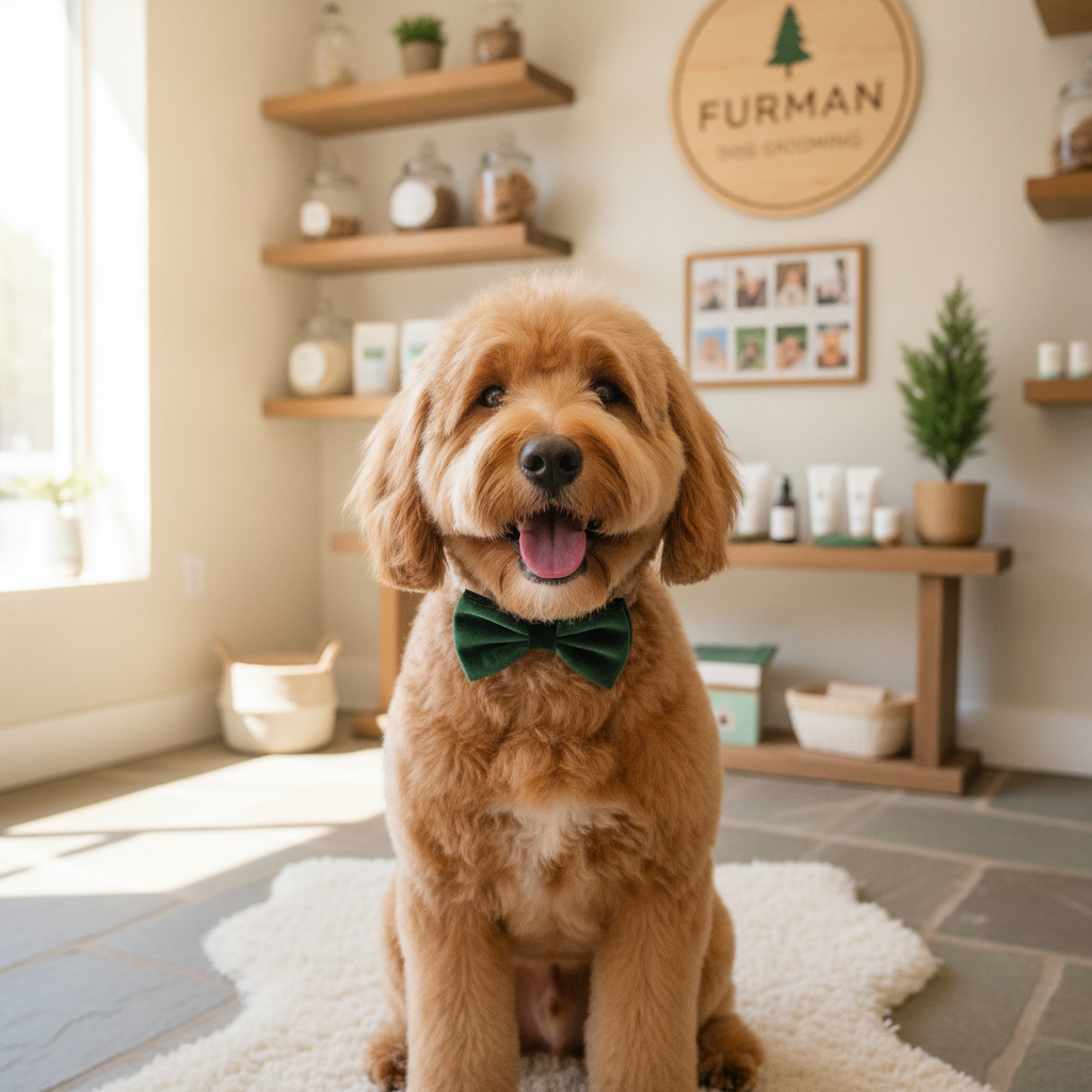 Happy freshly groomed golden doodle dog with fluffy coat and bow tie smiling in cozy boutique grooming salon in Evergreen Colorado