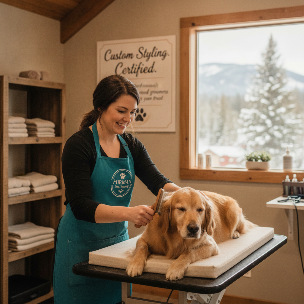 Certified groomer gently brushing a calm golden retriever in a cozy Evergreen Colorado grooming salon