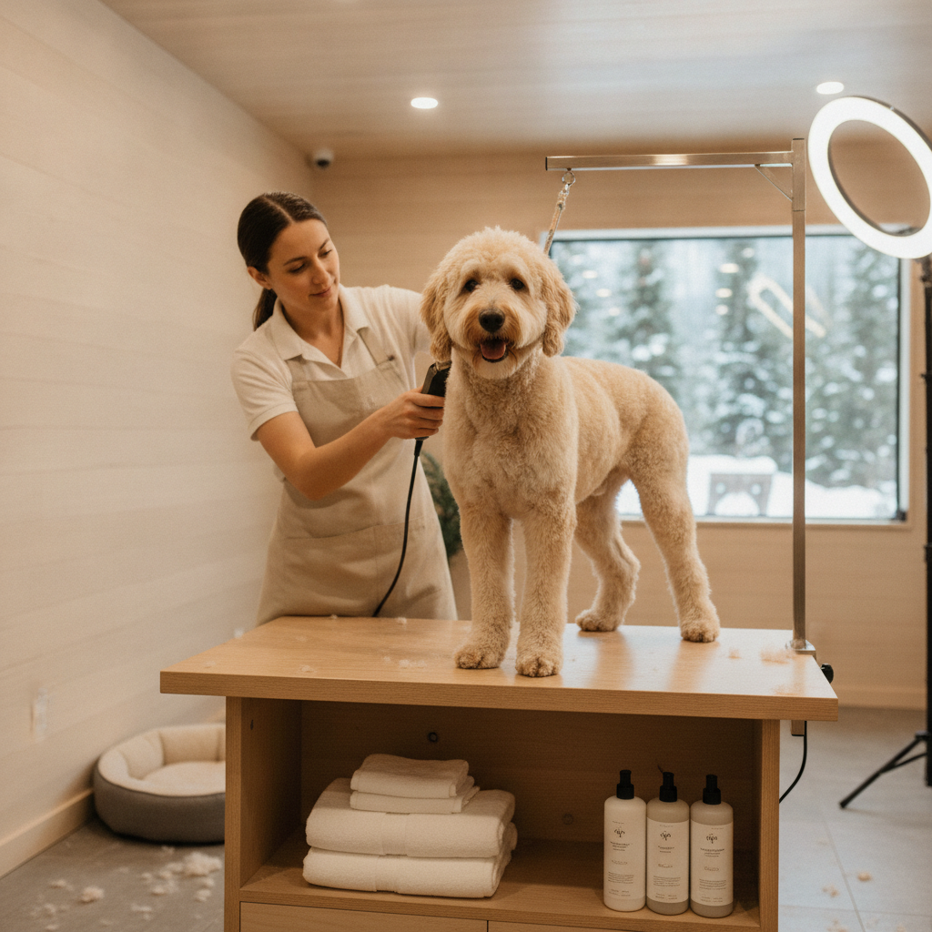 Fluffy golden doodle receiving full grooming haircut in luxury dog spa salon