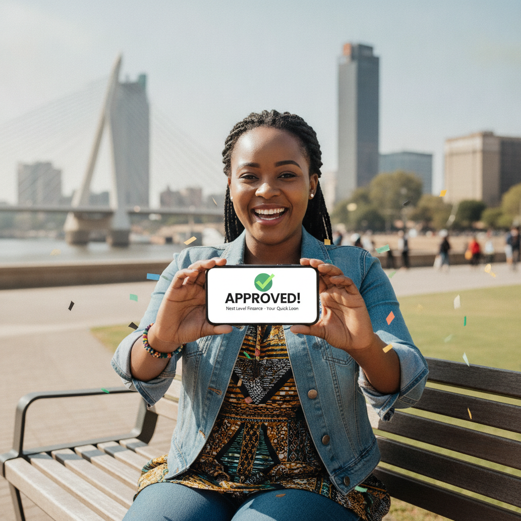 Happy South African consumer in Johannesburg using a smartphone to receive quick loan approval from Next Level Finance