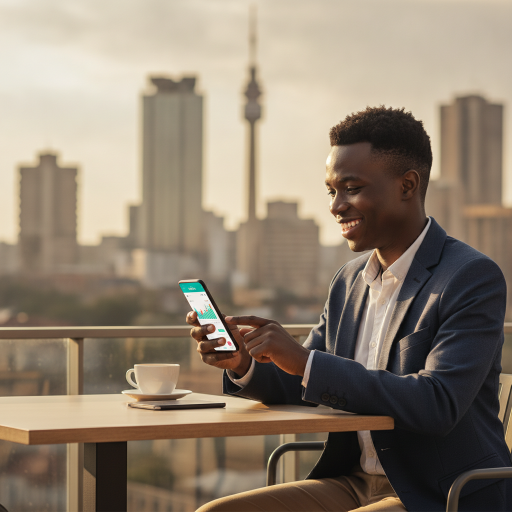 A smiling young professional in Johannesburg checking their finances on a smartphone
