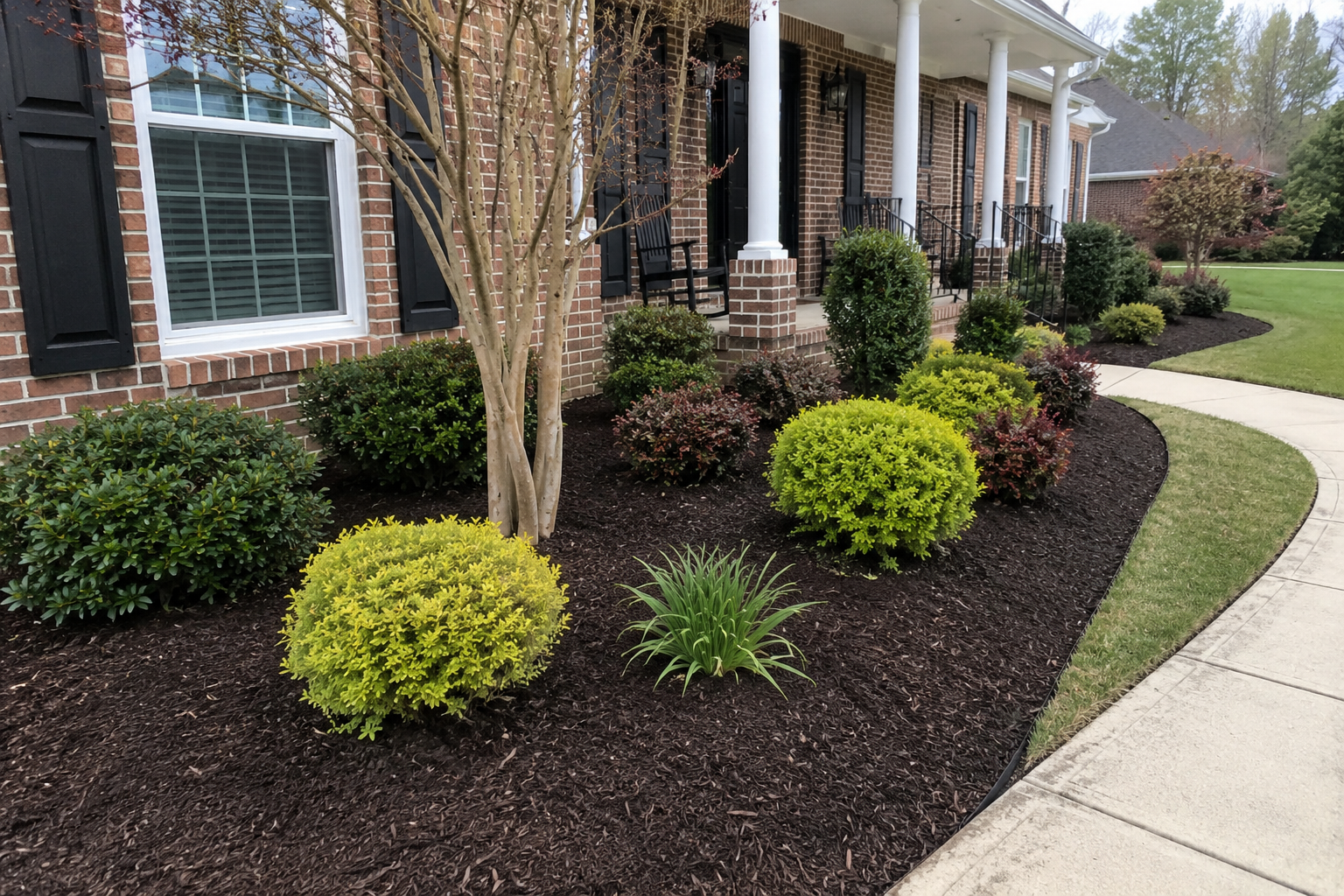 Freshly laid dark brown mulch in a landscaped garden bed surrounding a home, with vibrant plants