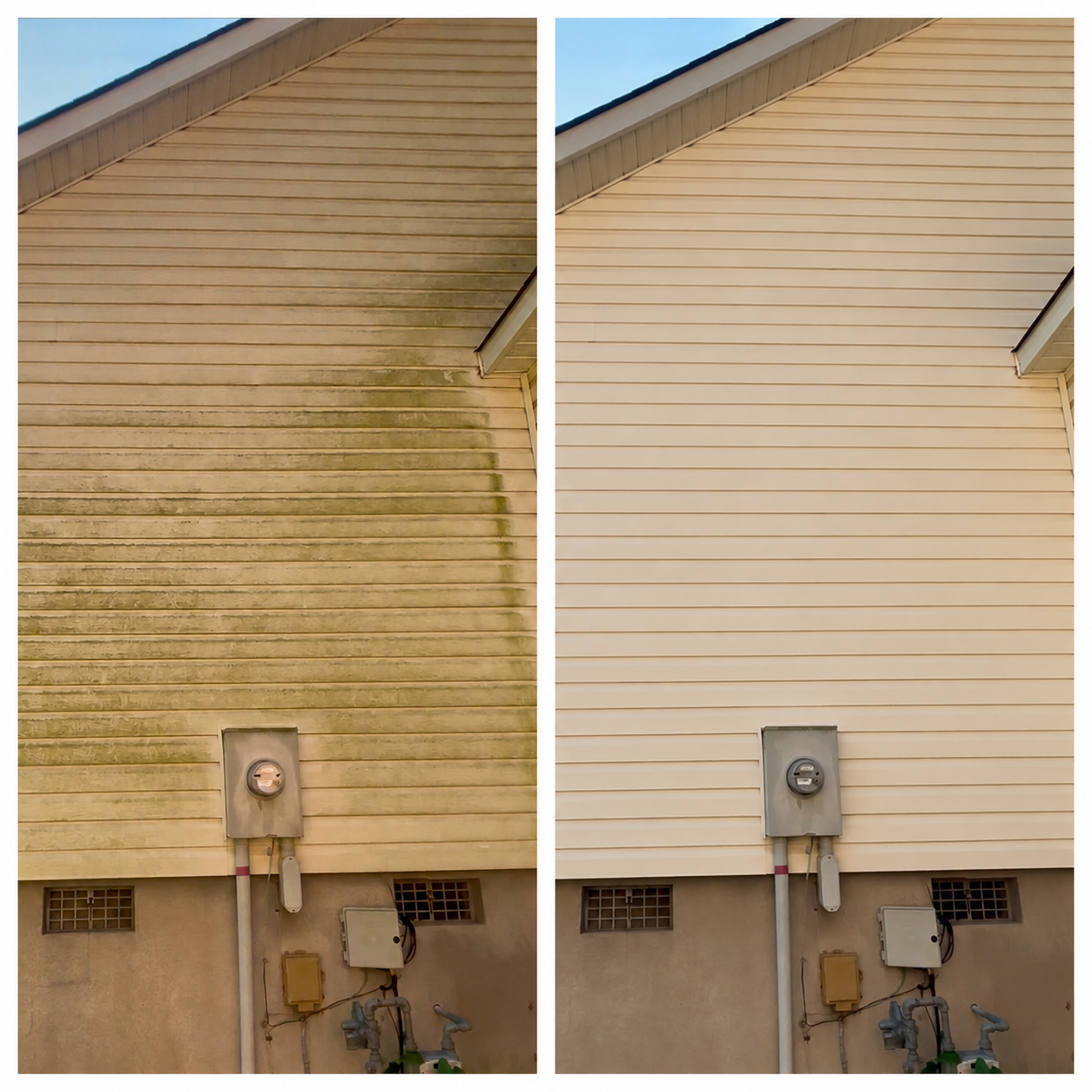 Before and after soft wash house washing removing green algae from vinyl siding of Aiken SC home