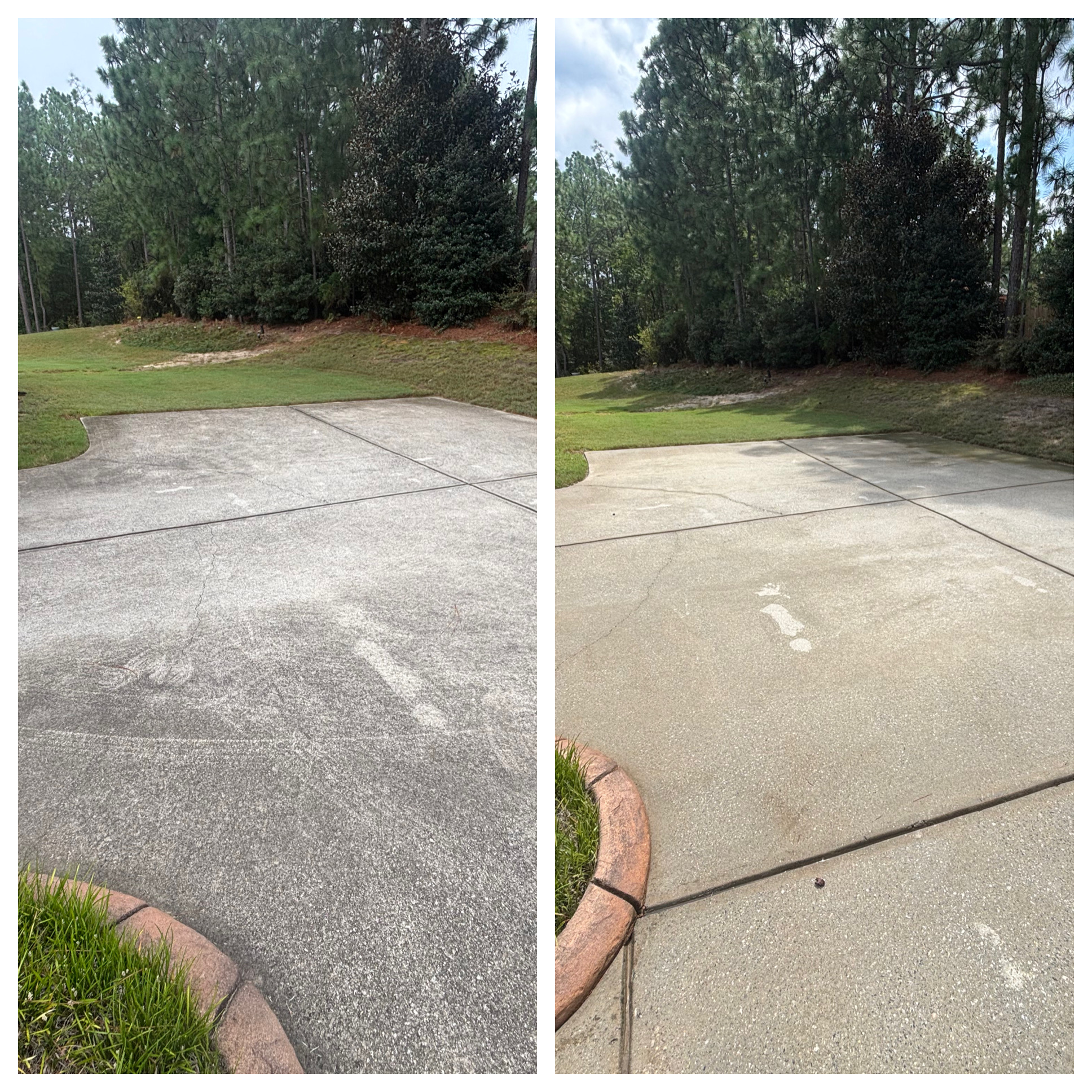 Before and after pressure washing concrete driveway removing oil stains and dirt buildup