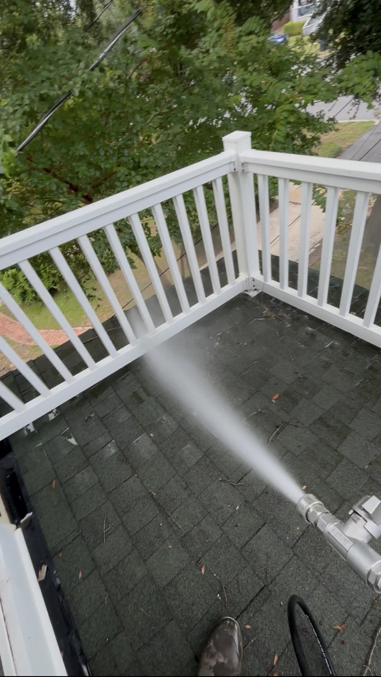 Before and after soft wash roof cleaning removing black streaks and algae from asphalt shingles