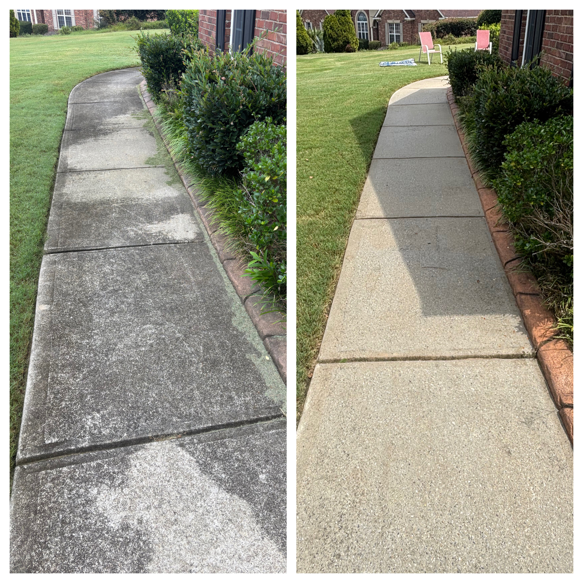 Before and after pressure washing concrete patio and sidewalk removing mildew and stains