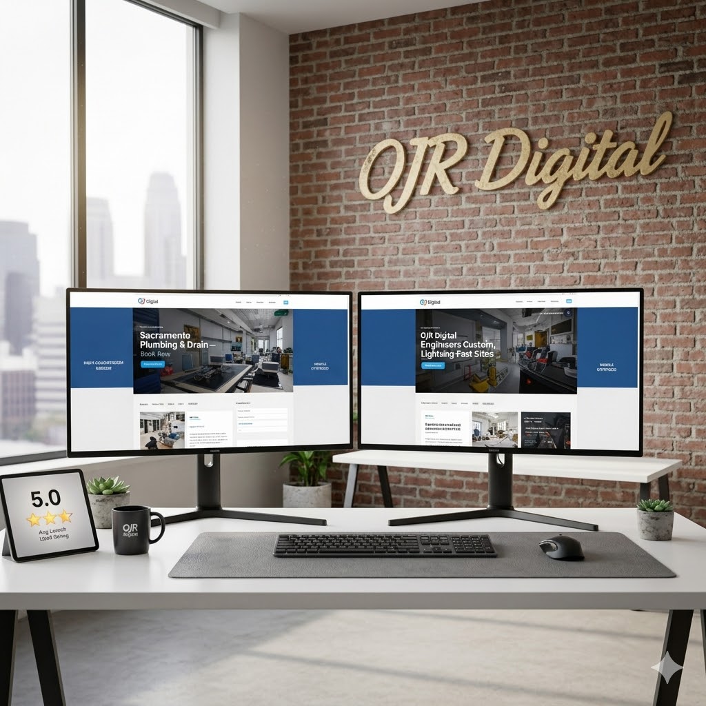 Photorealistic branded image displaying OJR Digital logo on a modern digital workspace