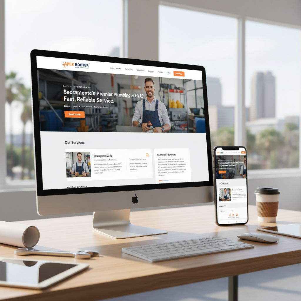 Modern website design mockup for a local Sacramento plumbing company on desktop and mobile