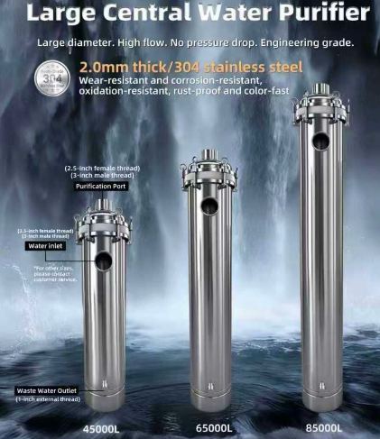 A professional, stainless steel commercial water filtration unit mounted on a wall